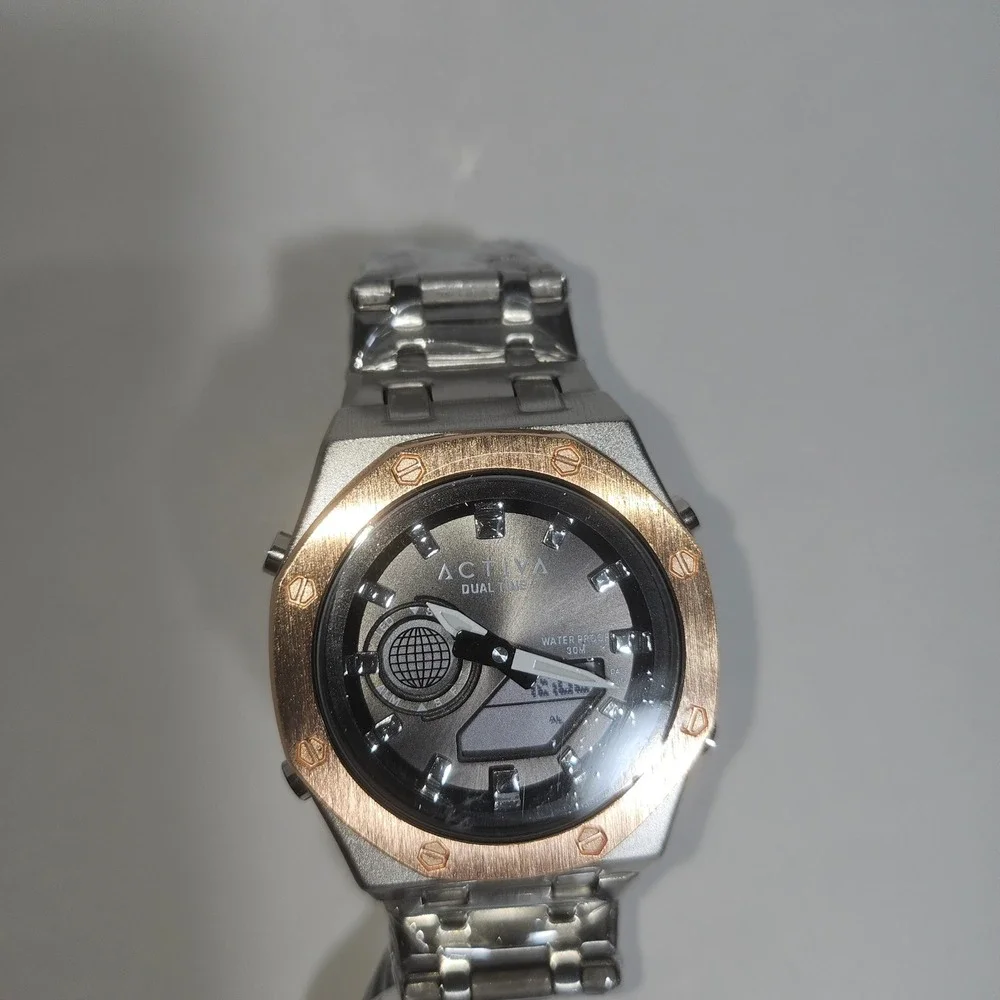 Activa Dual Time Mens Watch ACWM303-004 Silver Rose Gold Analog Digital Invicta